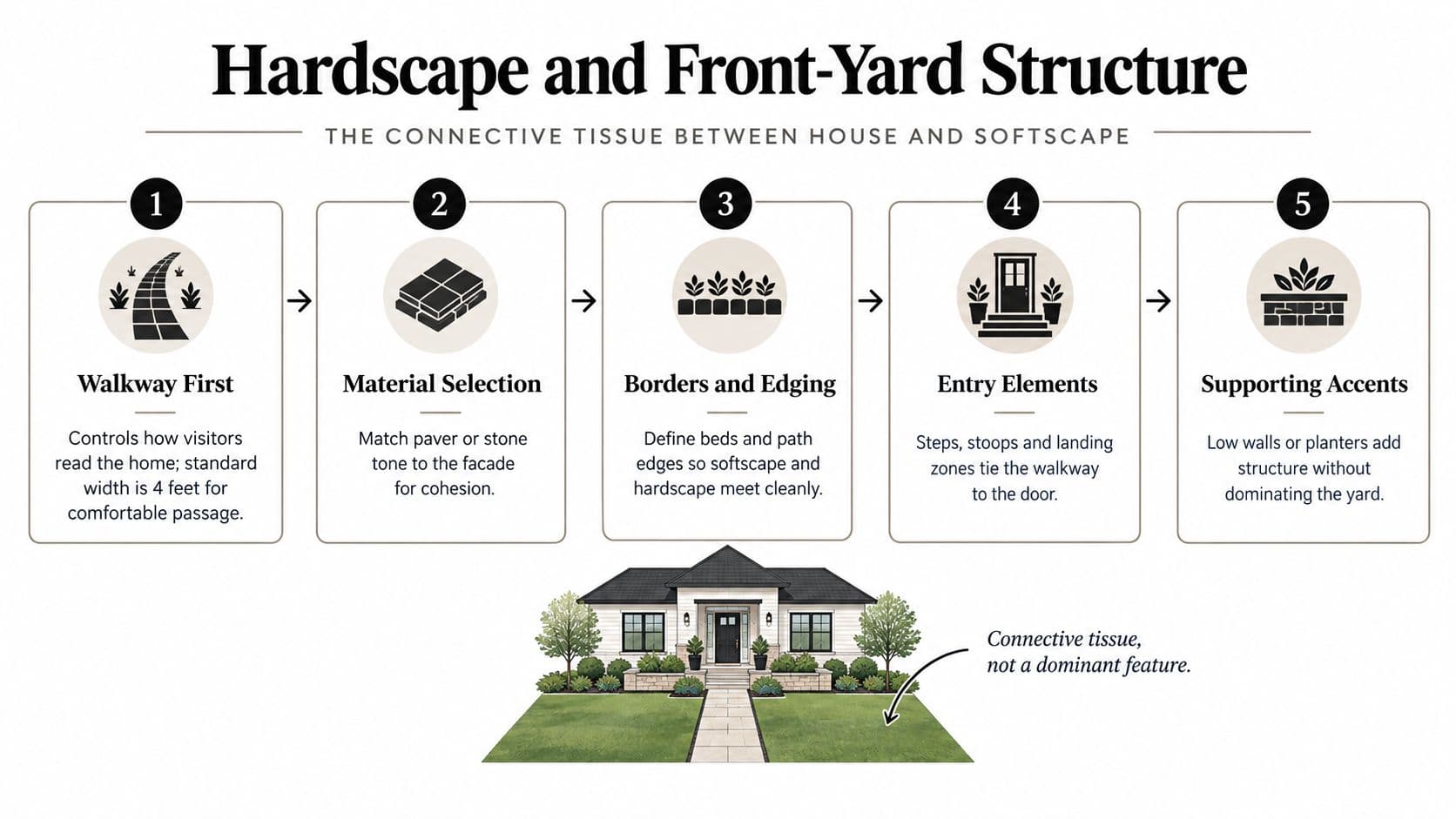An infographic showing five steps for designing hardscape elements to improve front yard curb appeal.