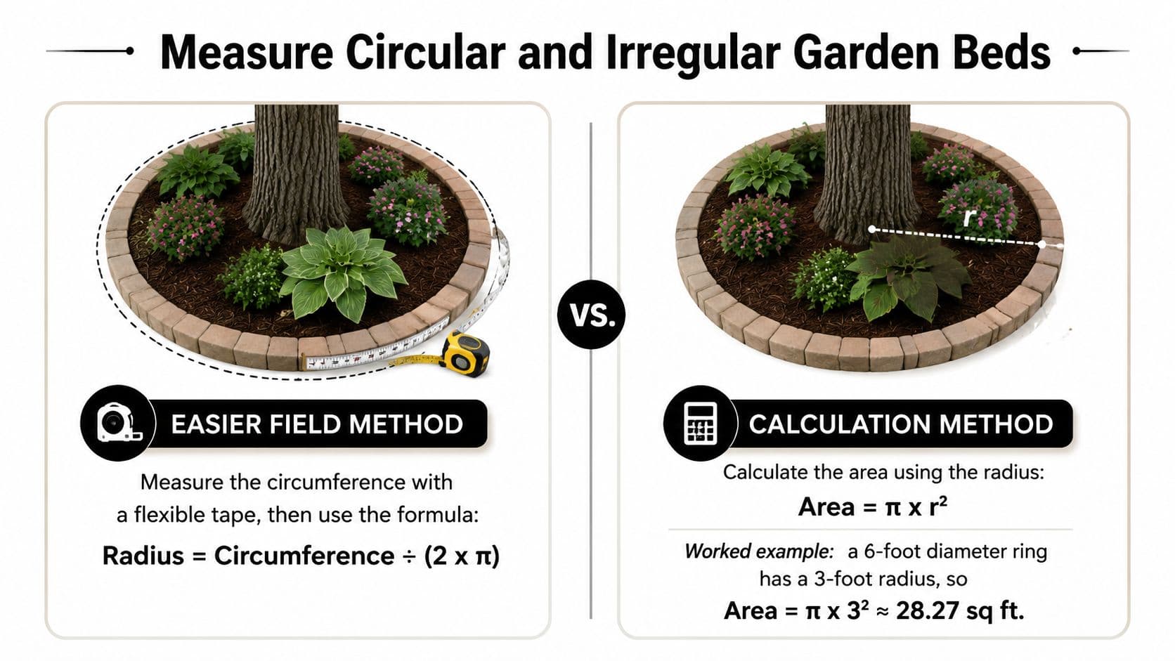 An infographic showing two methods, measurement and calculation, to determine the area of a circular garden bed.