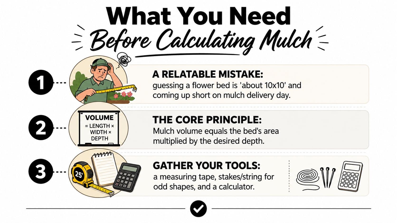 A three-step infographic showing how to calculate mulch volume for garden beds with necessary tools.