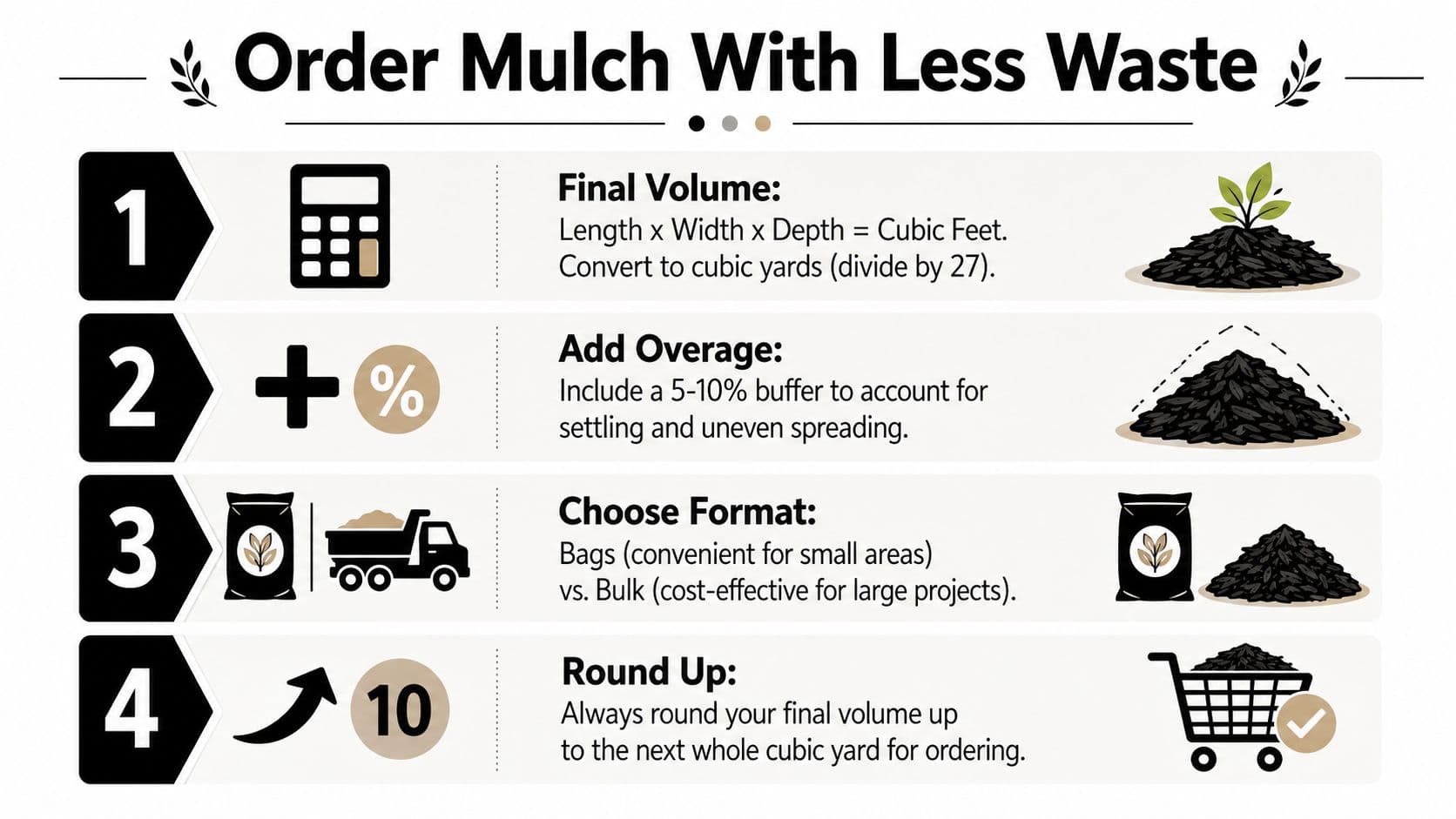 An infographic showing four simple steps to calculate the correct amount of mulch needed for landscaping projects.