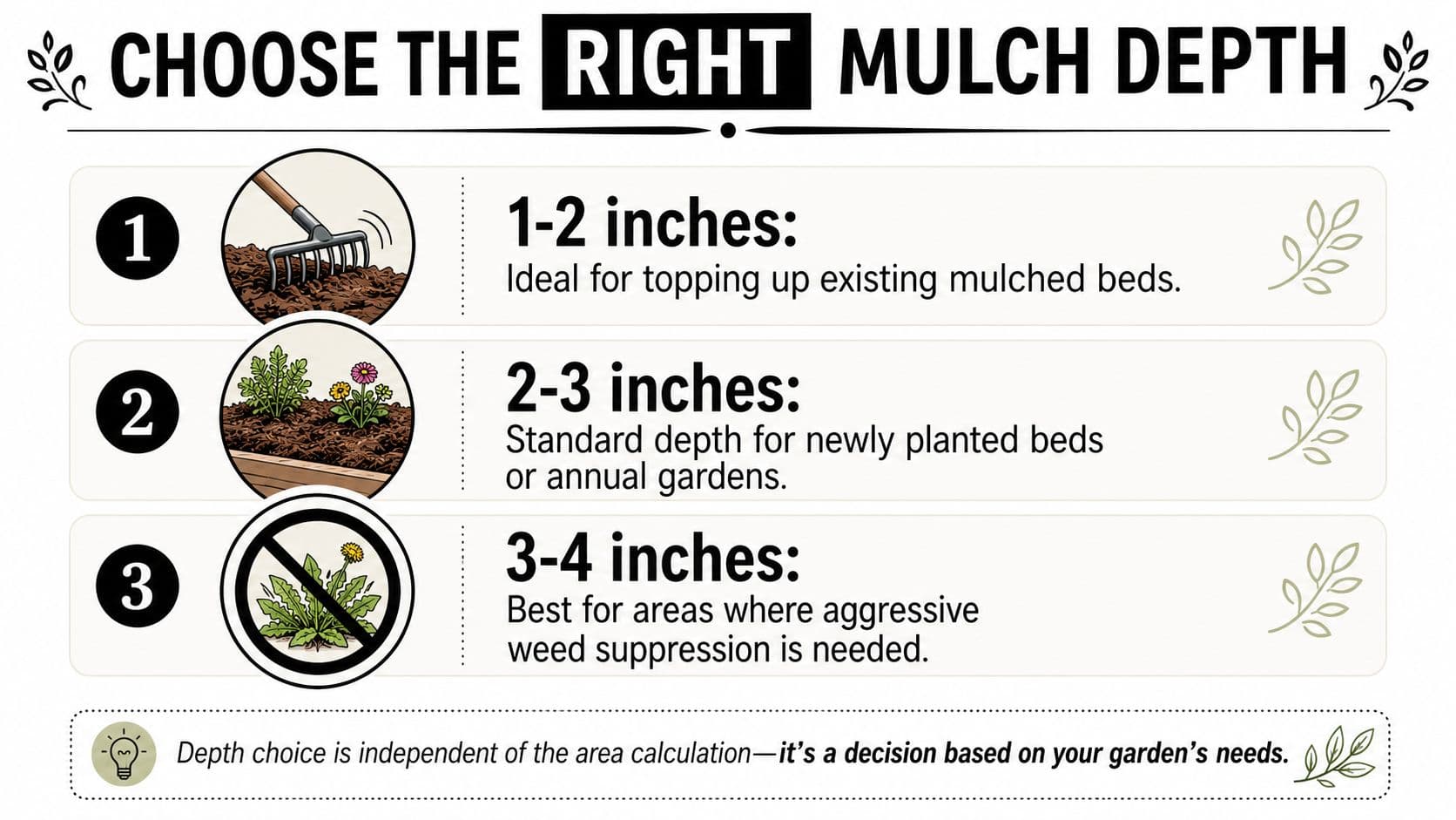 An infographic titled Choose the Right Mulch Depth showing recommended mulch depths for different gardening needs.