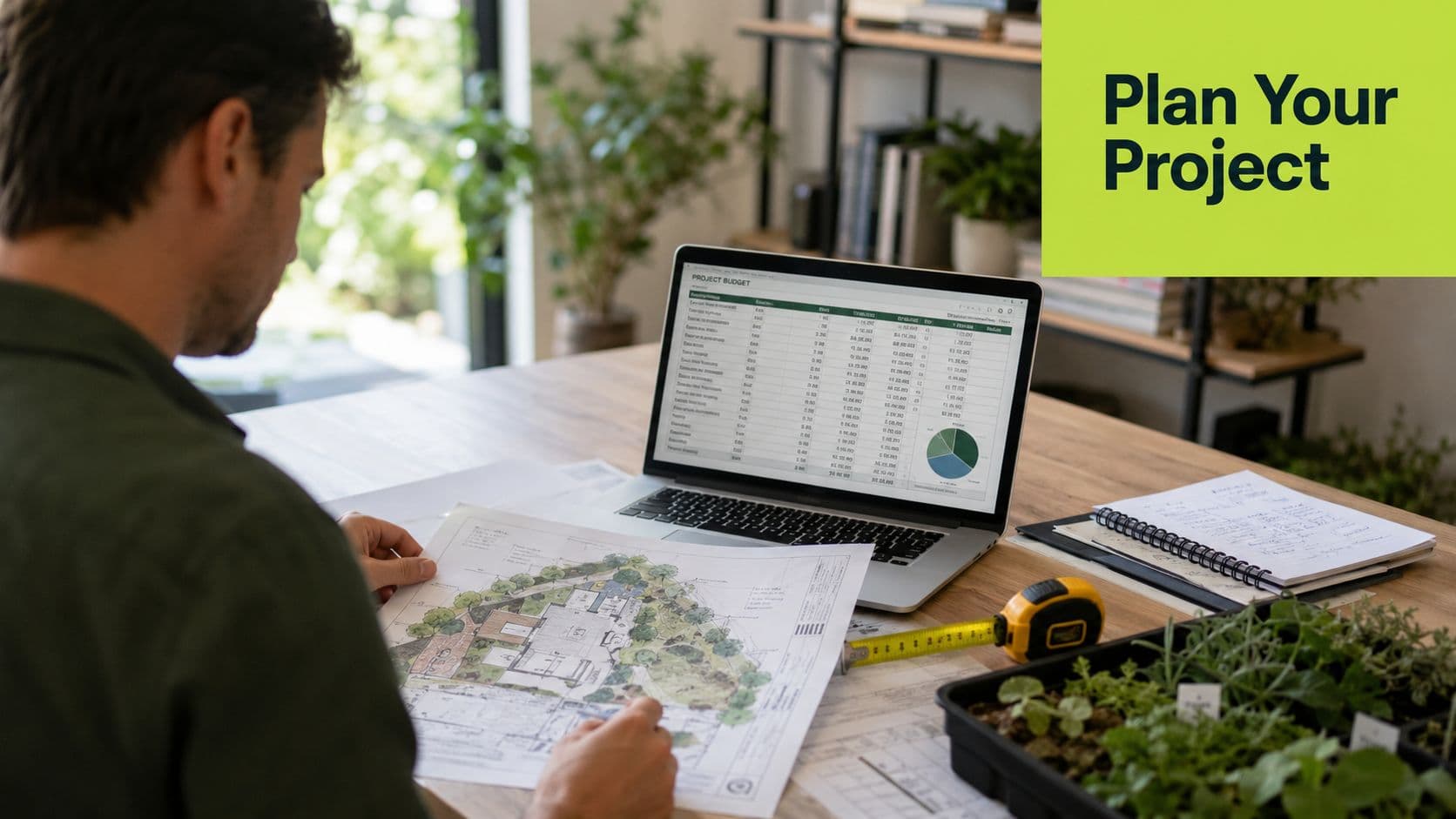 A landscape architect working on a garden project with blueprints, a budget spreadsheet, and plant seedlings.