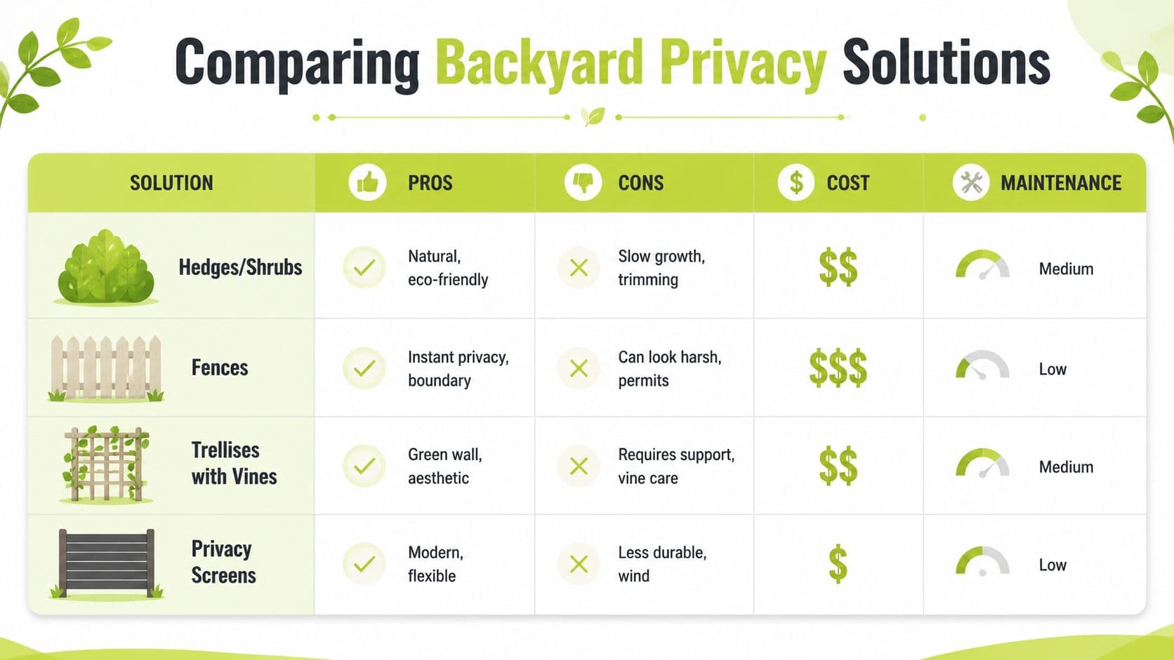 A comparison chart showing pros, cons, costs, and maintenance levels for different backyard privacy solutions like fences and shrubs.