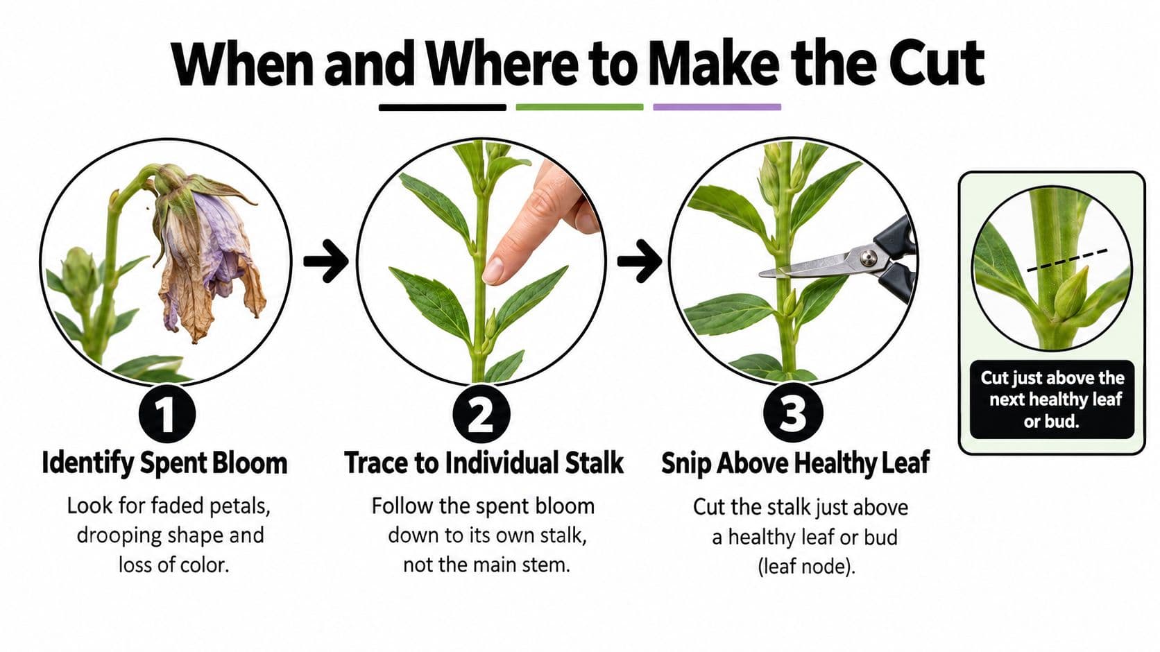 A three-step instructional guide showing how to correctly deadhead and trim spent balloon flower stalks.