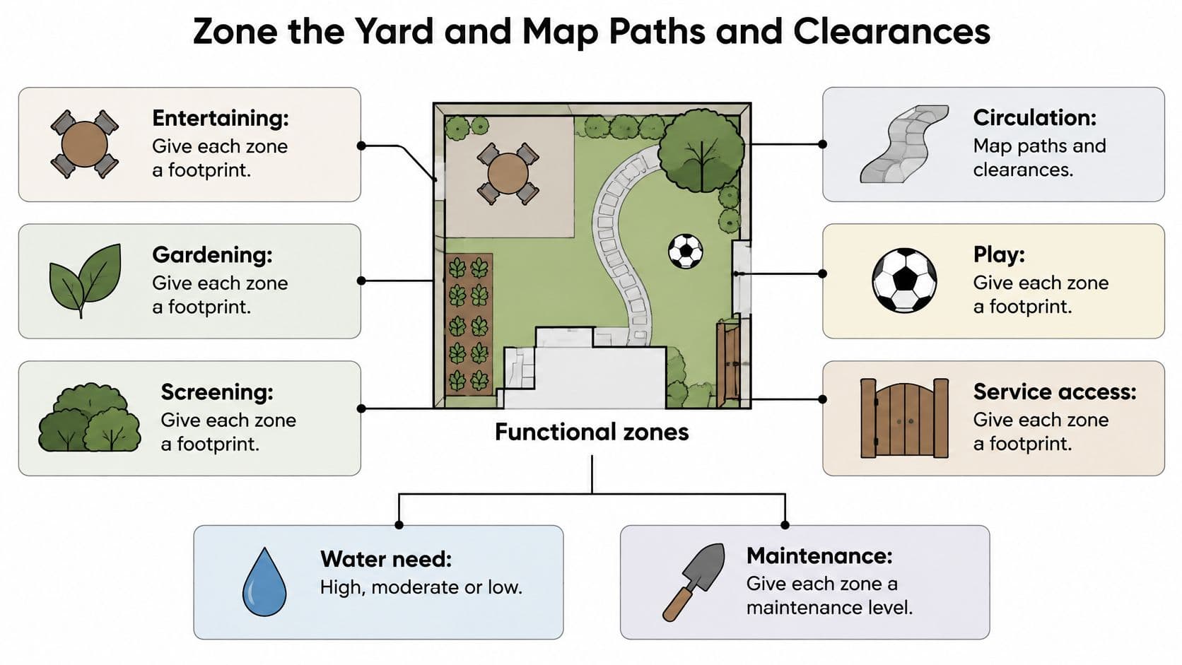 A diagram illustrating how to organize backyard landscape design into functional zones like dining and gardening areas.