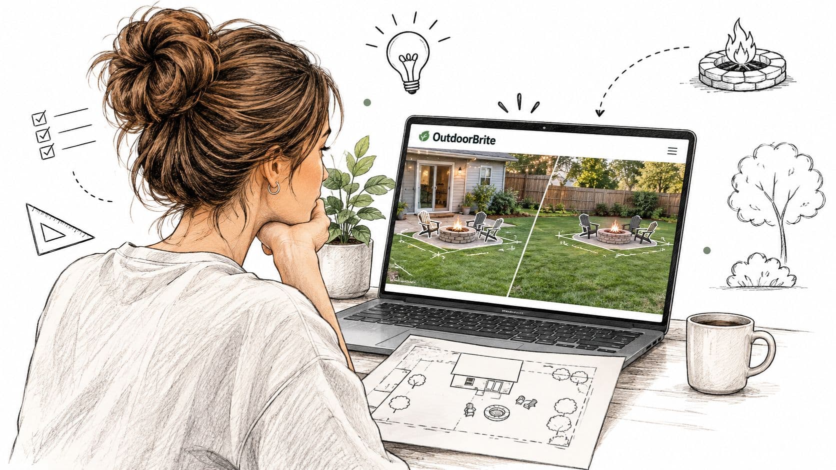 A woman sketching a backyard design plan while looking at patio ideas on her laptop computer.
