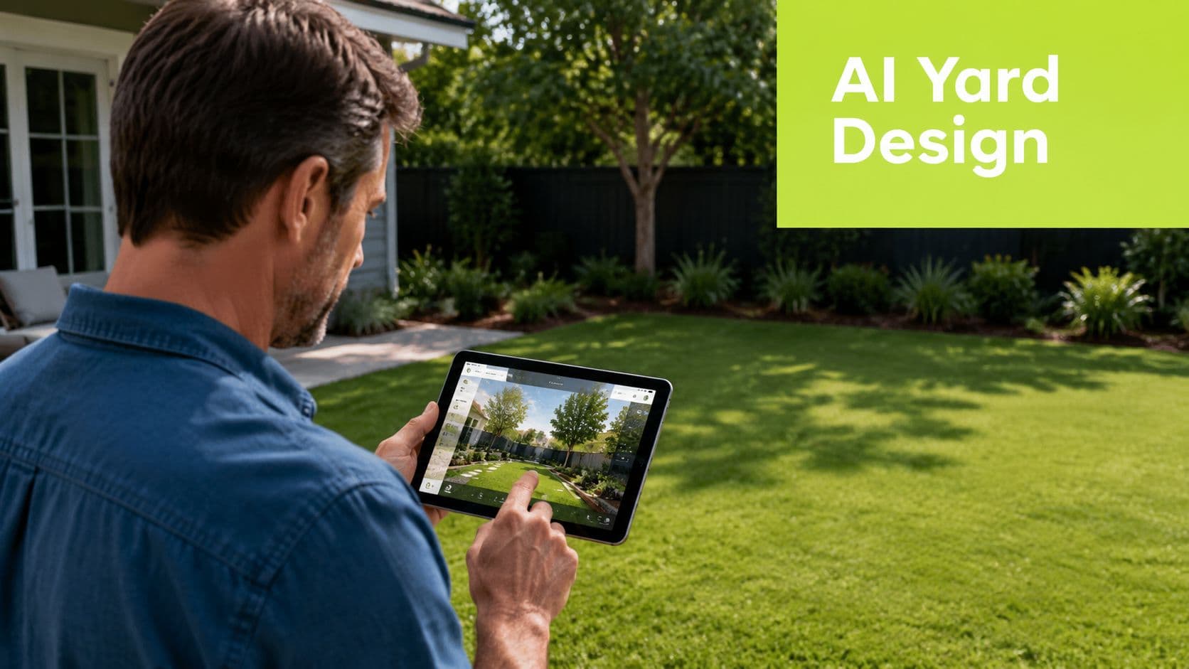 A man using a tablet to visualize AI-driven landscape design changes in his backyard.