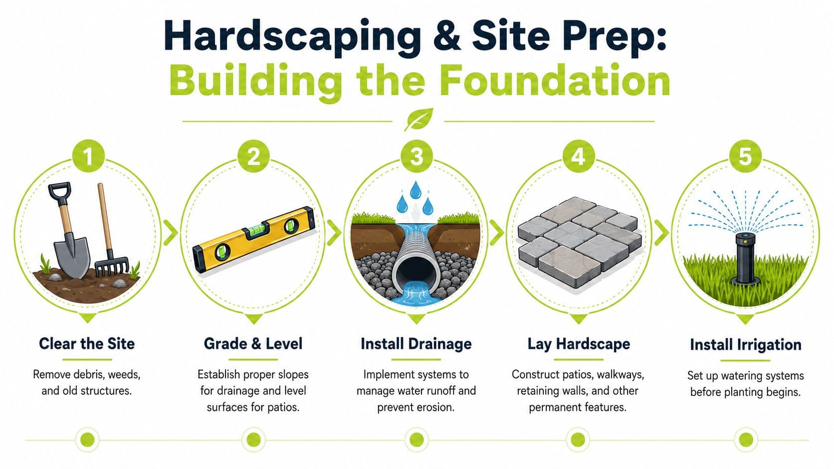 An infographic showing a five-step process for professional hardscaping and landscape site preparation.