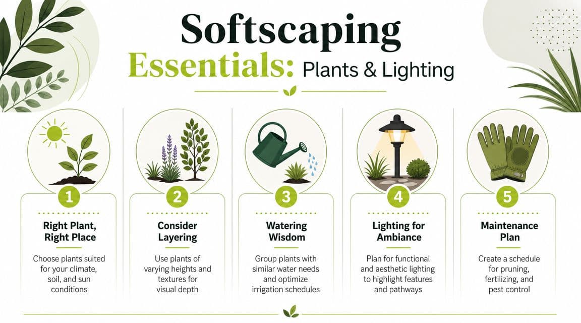 A softscaping infographic showing five essential steps for successful plant selection and garden lighting design.
