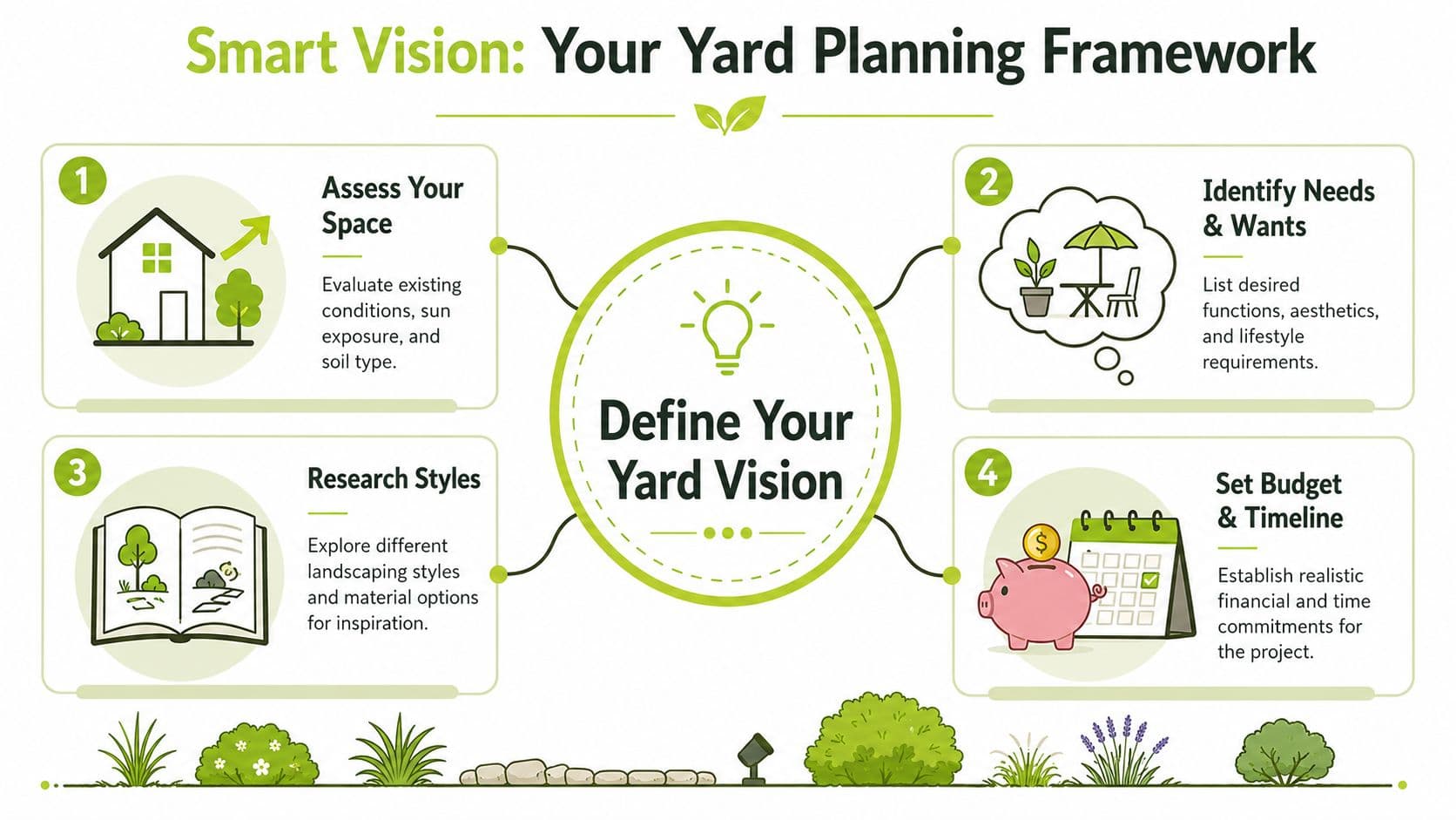 A four-step infographic illustrating a strategic planning framework for successful home yard landscaping and design projects.