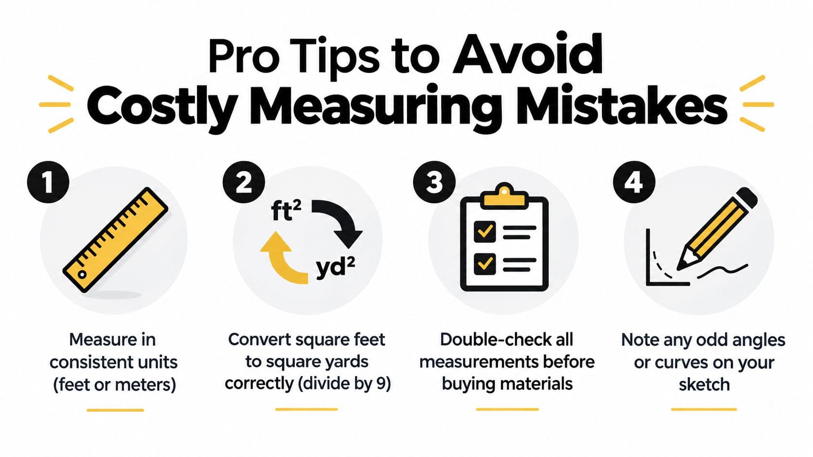 An infographic titled Pro Tips to Avoid Costly Measuring Mistakes with four steps shown as icons.