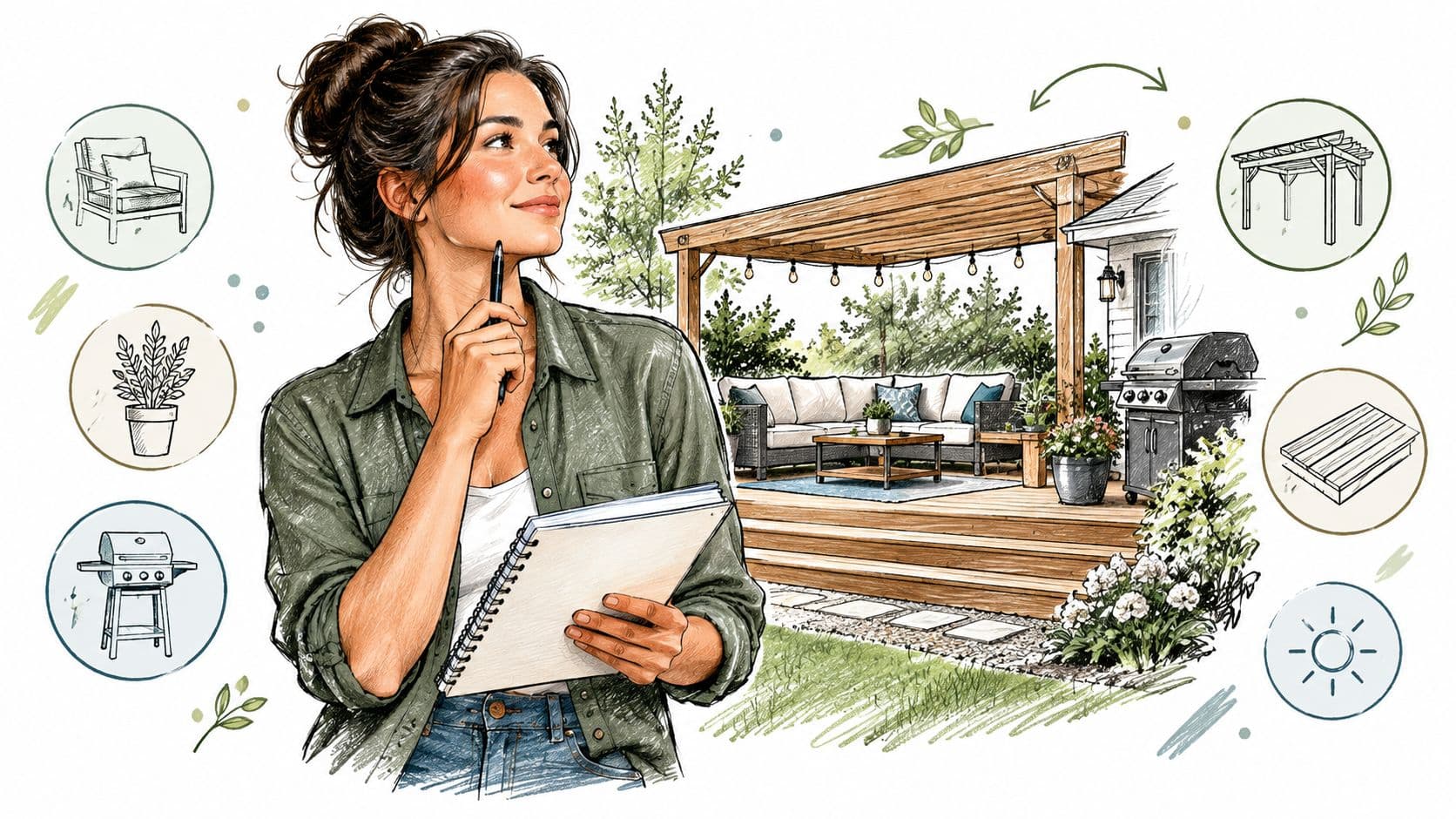 A woman sketching a home patio design featuring a pergola, outdoor furniture, and a grill on a notepad.