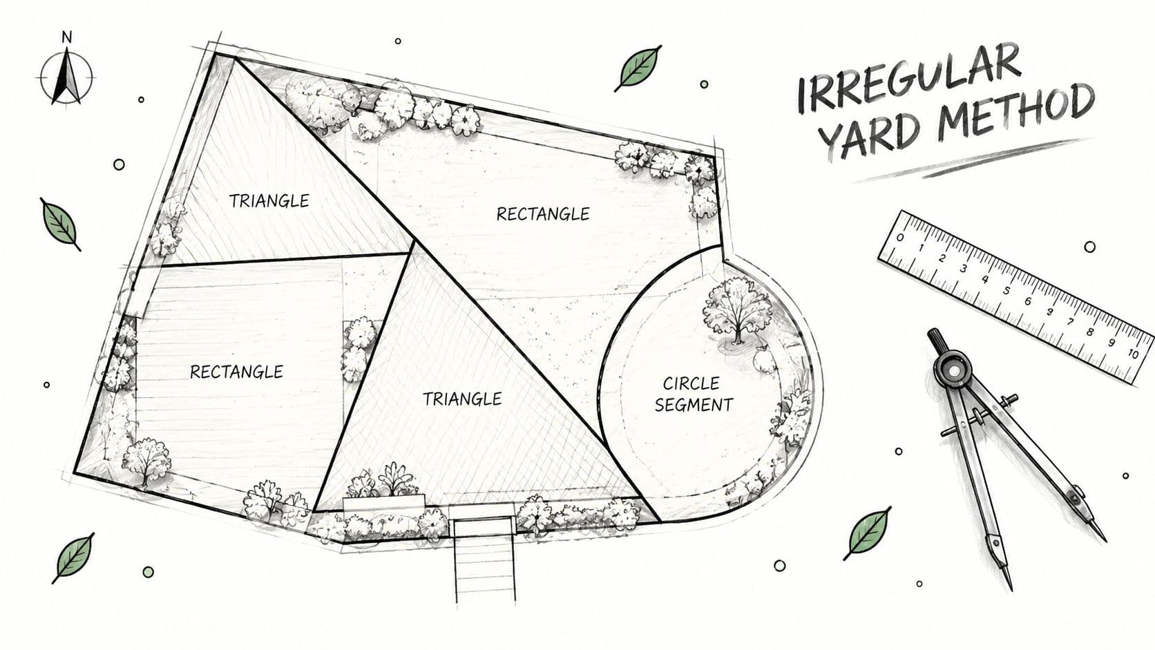 A diagram illustrating the irregular yard method by dividing a landscape layout into geometric shapes for measurement.