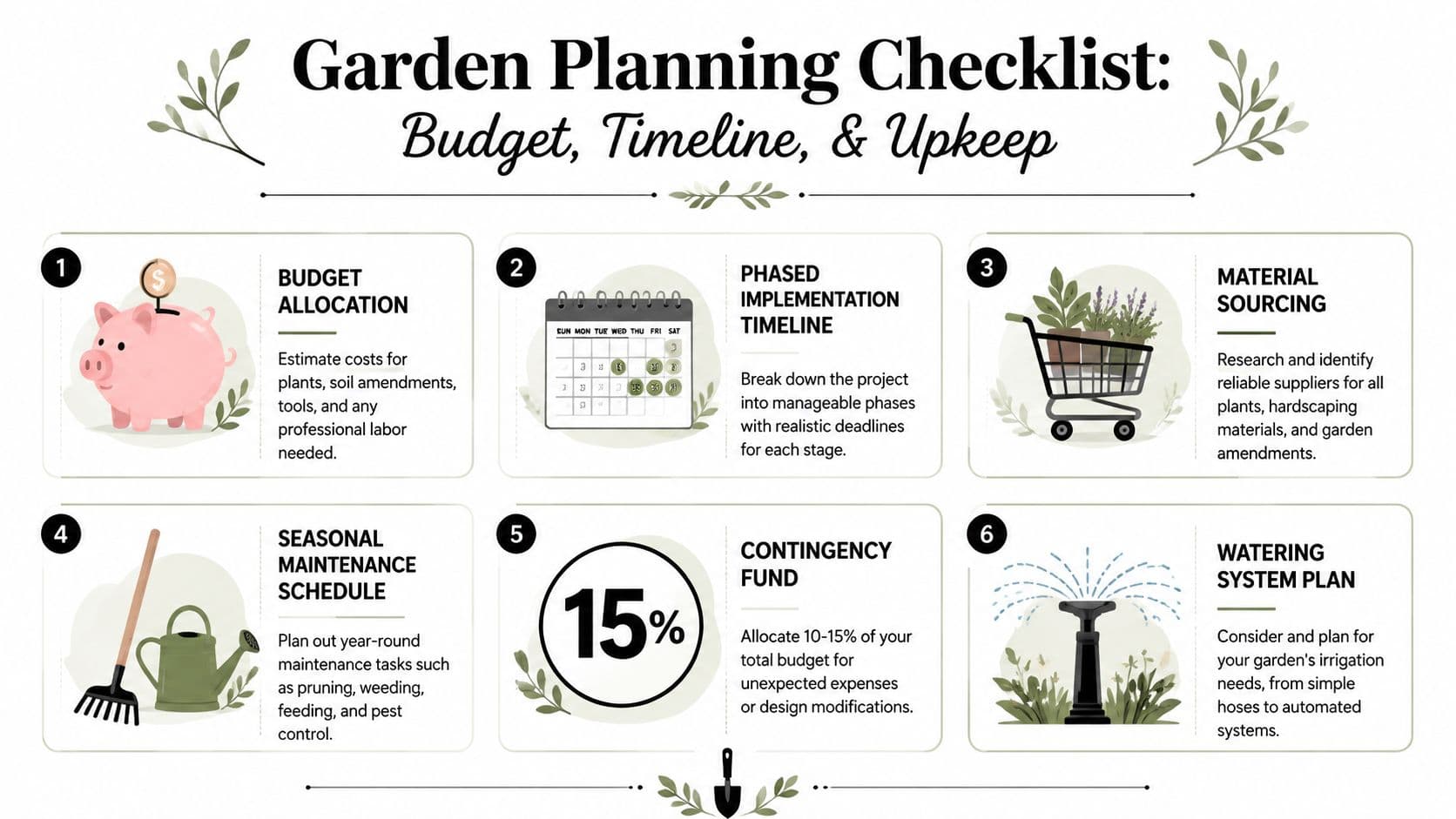 A garden planning checklist infographic outlining six essential steps for organizing your landscaping budget and timeline.