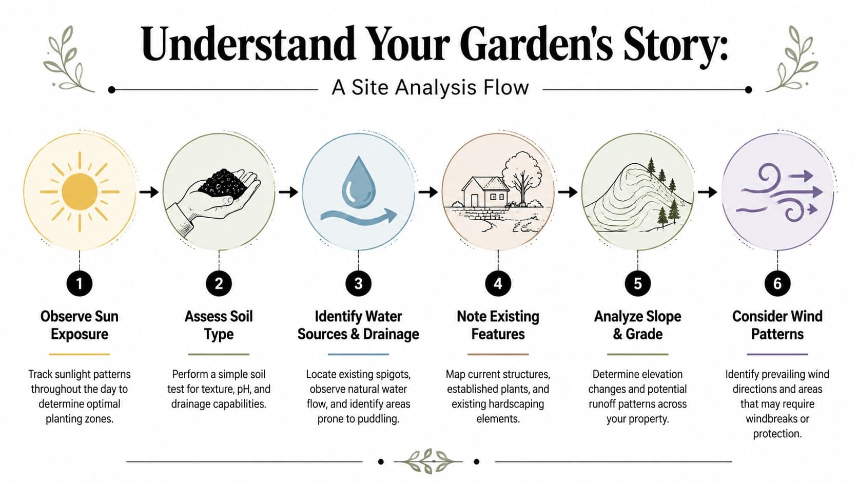 An infographic titled Understand Your Garden's Story displaying six steps for performing a garden site analysis.