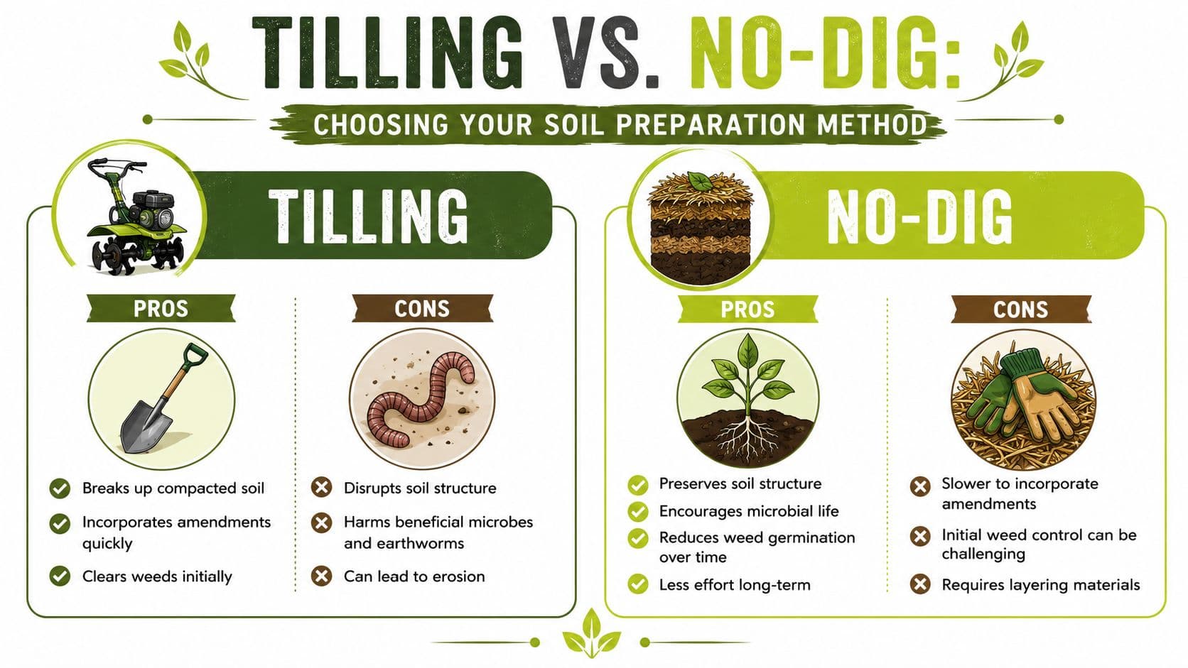 A comparison infographic showing the pros and cons of tilling versus no-dig soil preparation for gardening.