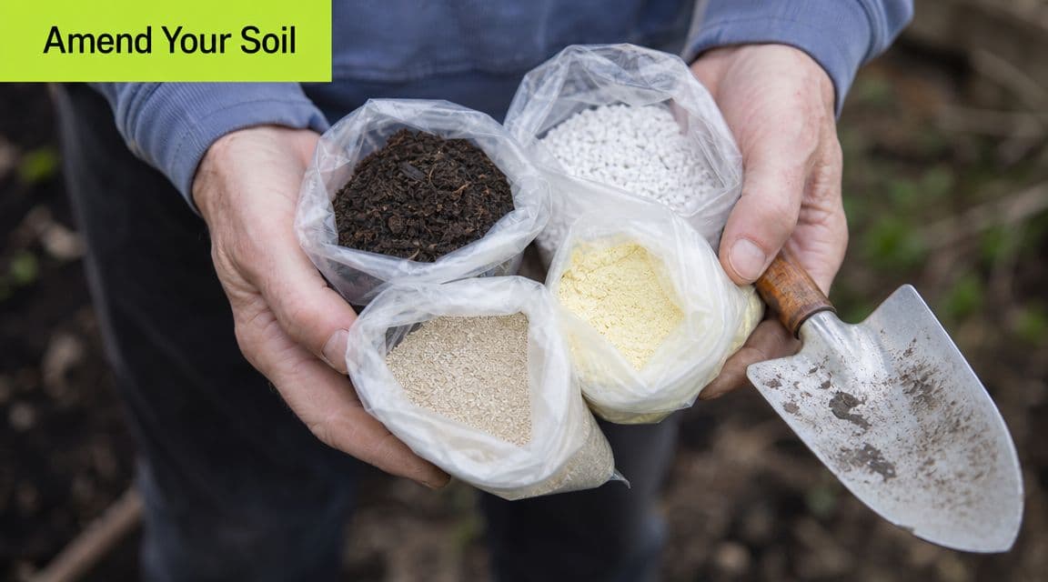 A person holding four small bags of different soil amendments and a garden trowel for gardening.