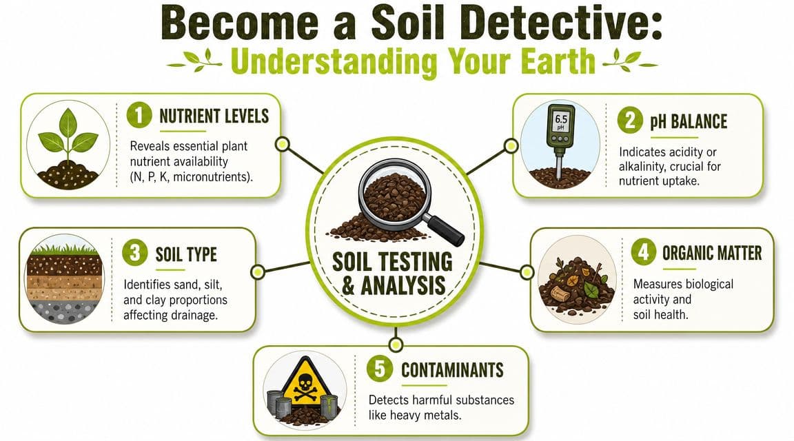 An infographic titled Become a Soil Detective explaining five key components of professional soil testing and analysis.