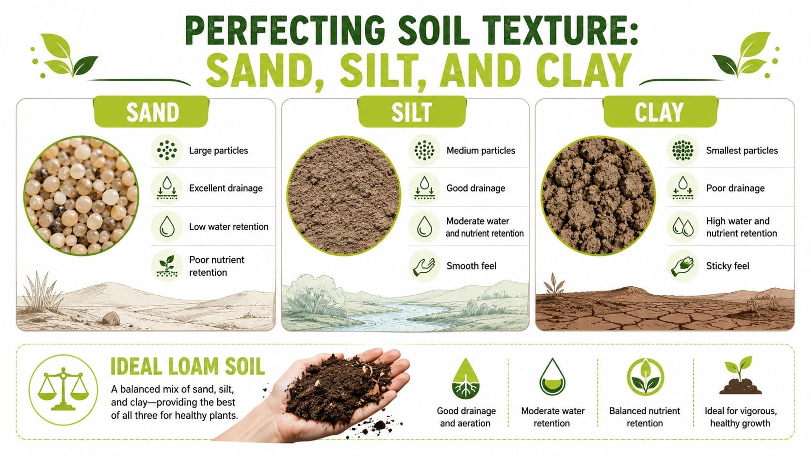 An educational infographic comparing the characteristics of sand, silt, and clay soils versus ideal loam soil.