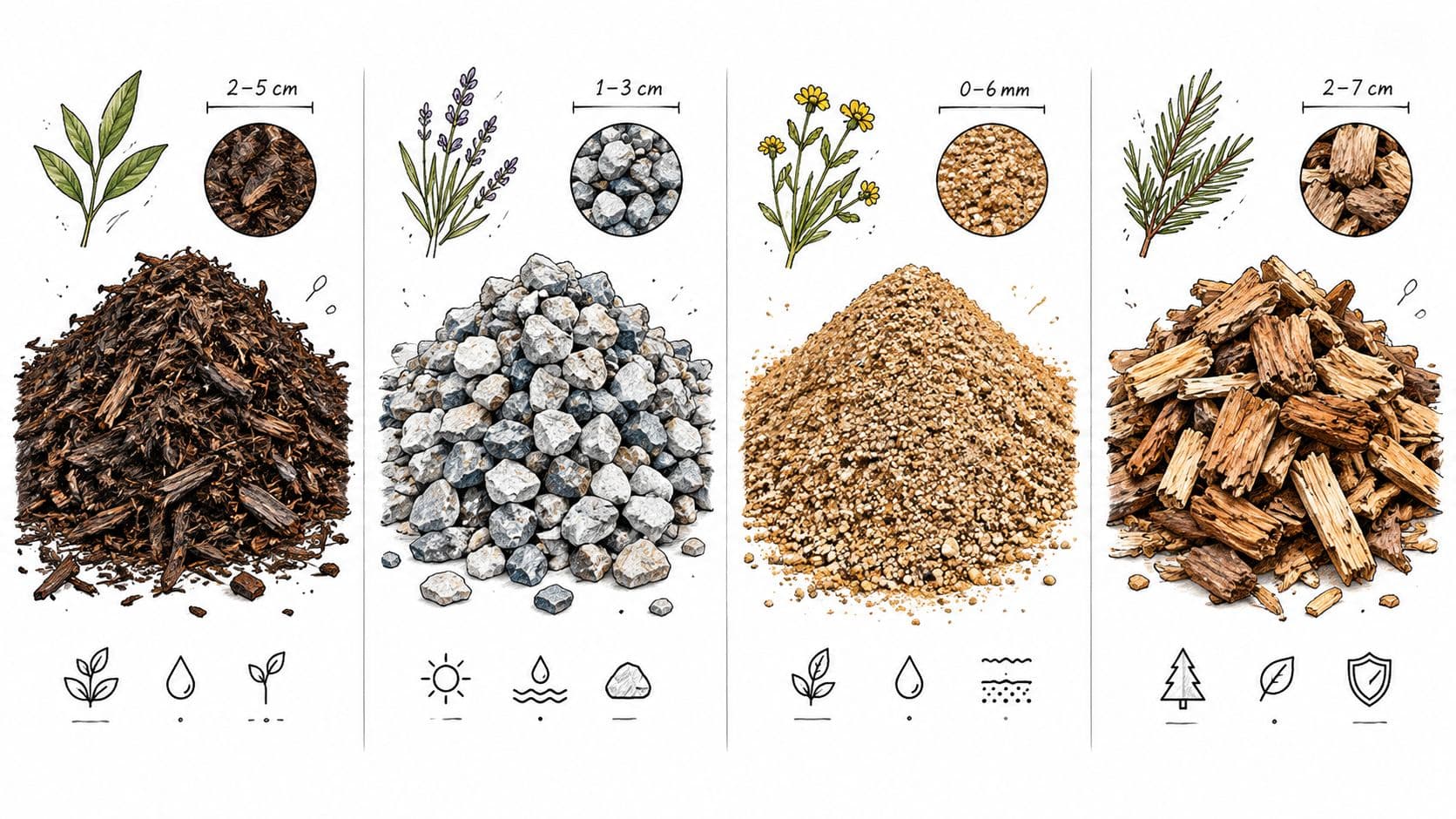 A four-section infographic showcasing various garden mulch types including wood chips, gravel, sand, and decorative bark.