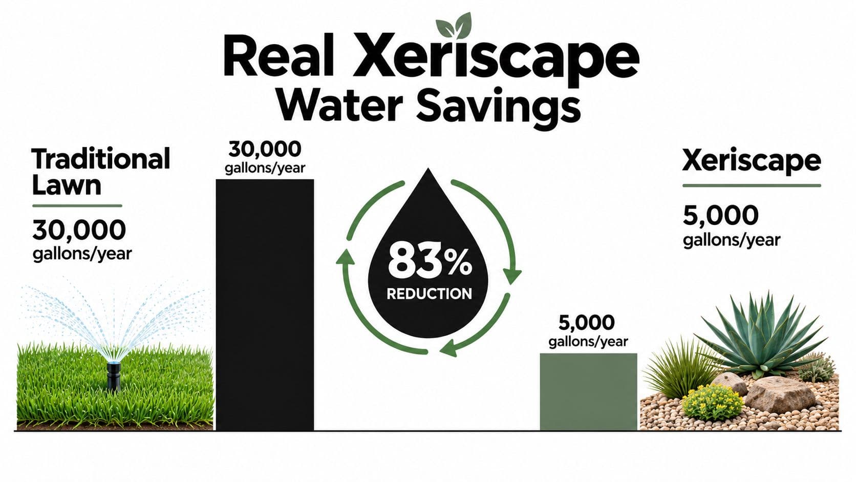 A bar chart comparing water usage between a traditional lawn and a water-efficient xeriscape landscape design.