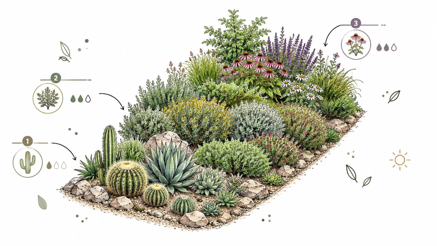 An illustrated guide showcasing a diverse drought-tolerant xeriscape garden with cacti, succulents, and native flowering perennials.
