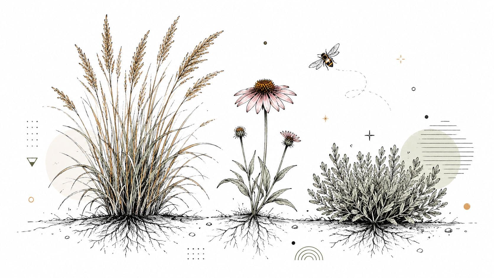 A botanical illustration featuring drought tolerant ornamental grasses, coneflower, and lavender plants with a honeybee.