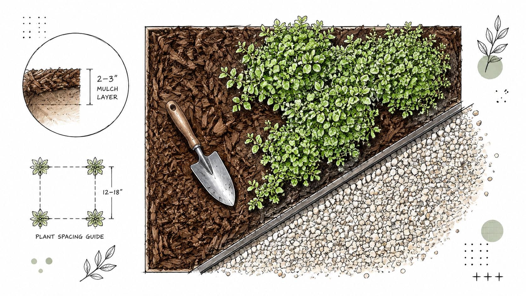A gardening illustration showing instructions for plant spacing and mulch depth in a drought tolerant landscape.