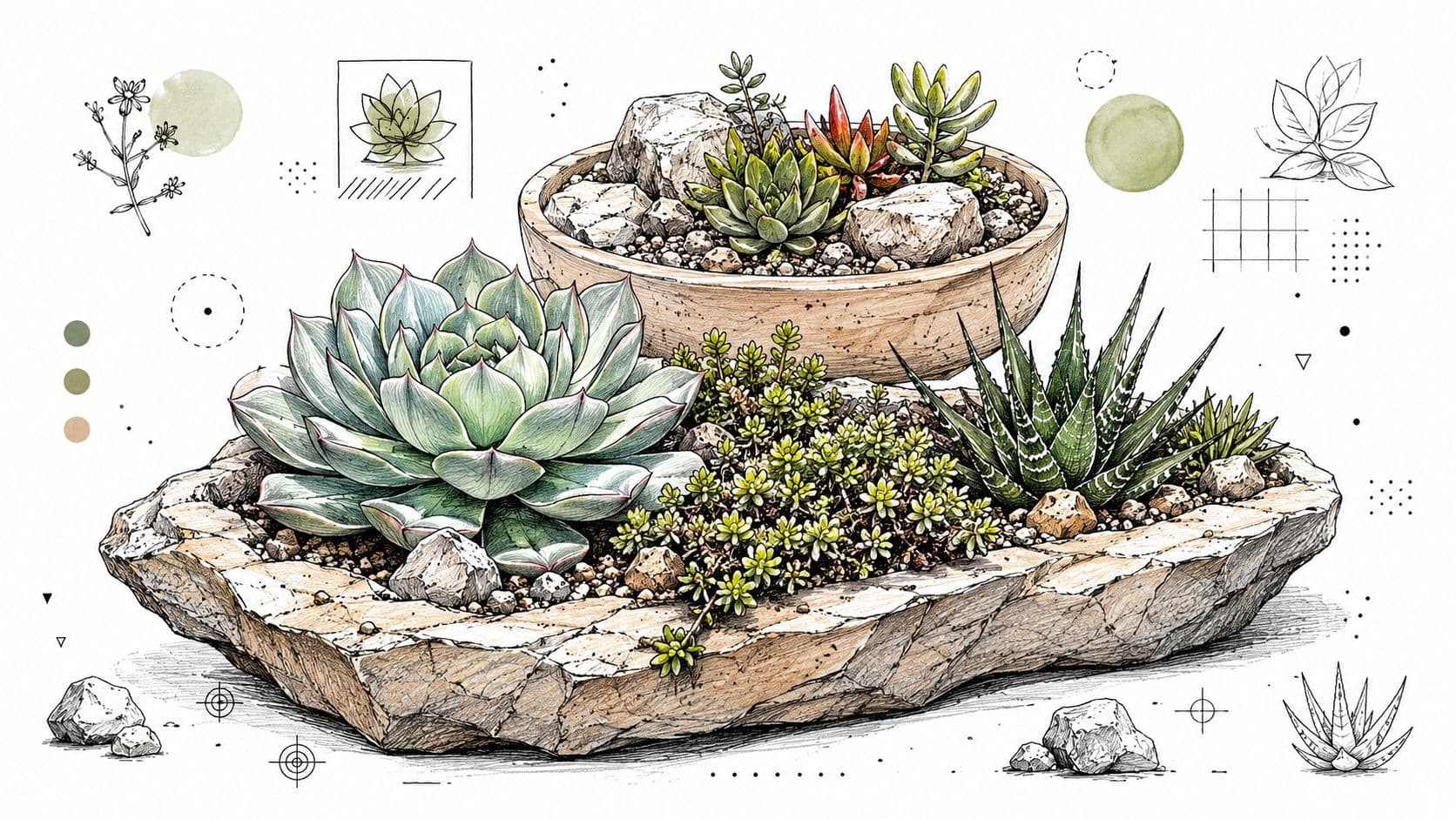 A detailed illustration of a stone-like planter filled with various green succulents, featuring geometric graphic design elements.