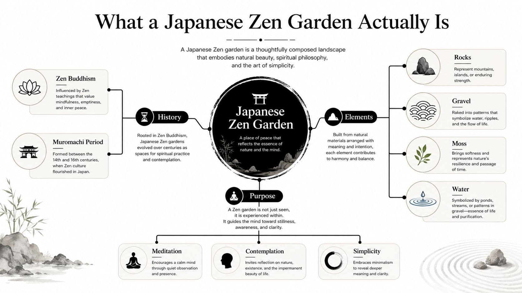 An infographic diagram explaining the history, core elements, and meditative purpose of Japanese Zen gardens.
