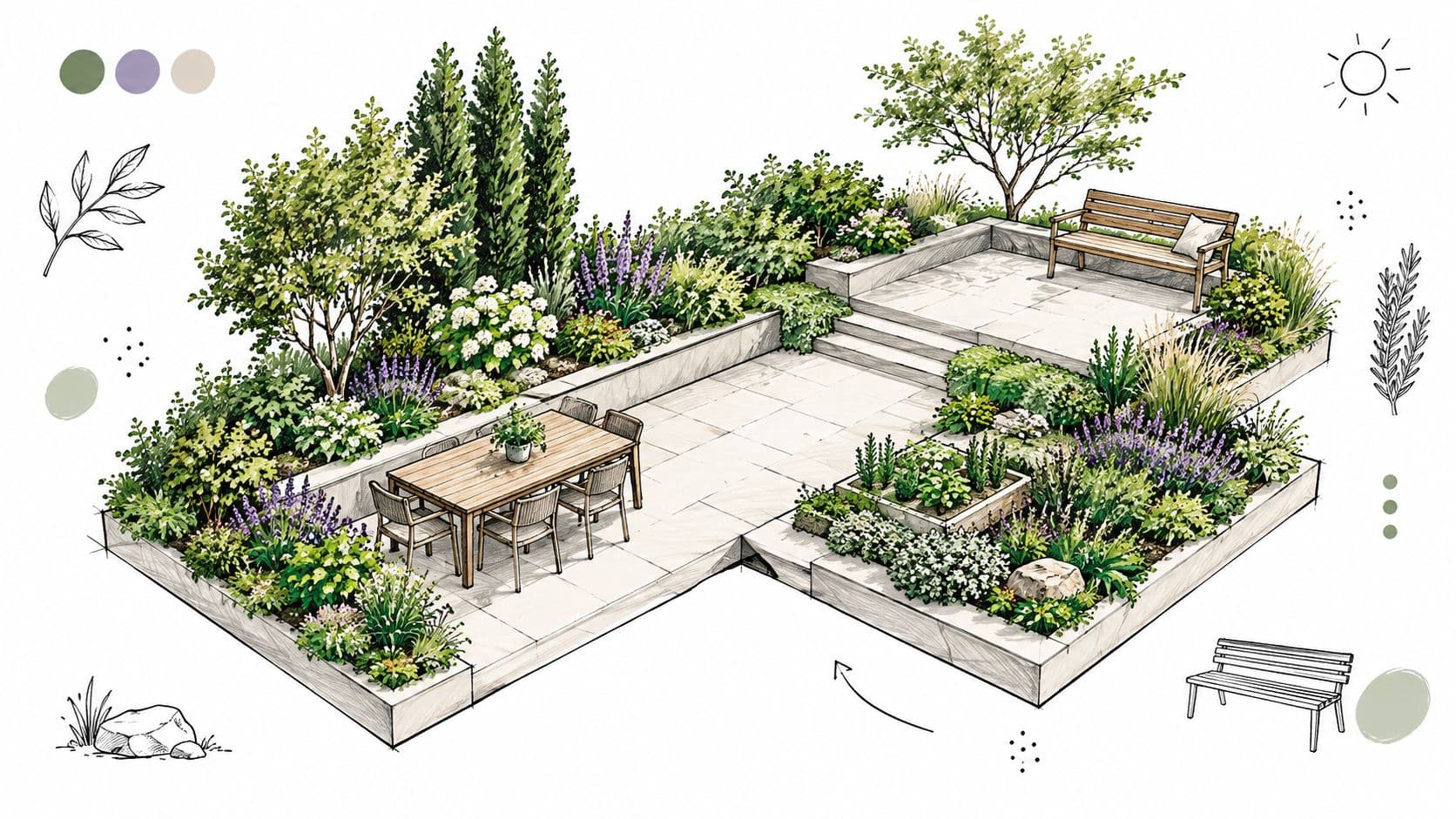 A detailed architectural sketch of a modern L-shaped patio garden with dining furniture and landscape plants.