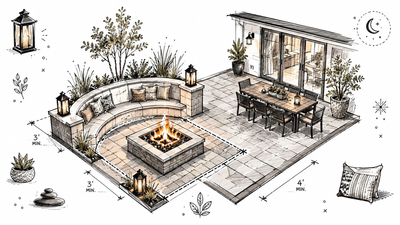 A detailed architectural sketch of a stylish backyard patio featuring a curved stone bench and fire pit.