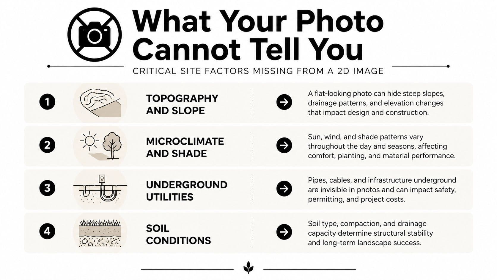 An infographic detailing four critical site factors that cannot be determined from a 2D photograph.