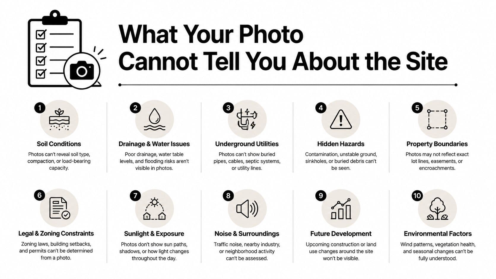 An infographic titled What Your Photo Cannot Tell You About the Site, illustrating ten unseen property limitations.