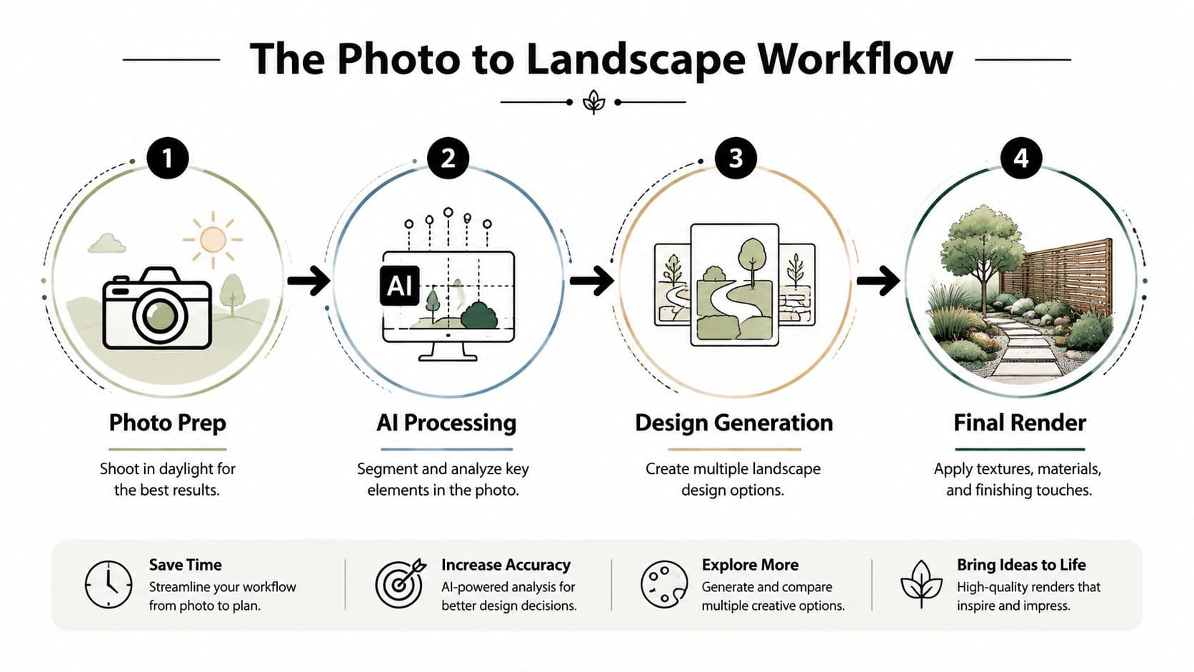 A four-step infographic illustrating the professional workflow of creating a landscape design from photos using AI technology.