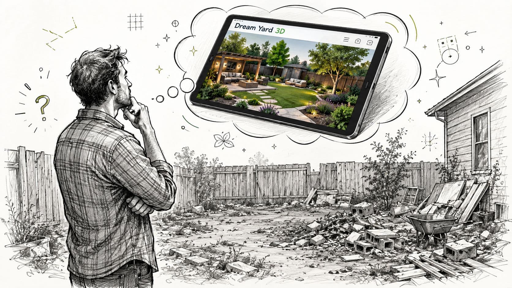 A man looking at a messy backyard while imagining a beautiful landscape design on a digital tablet.