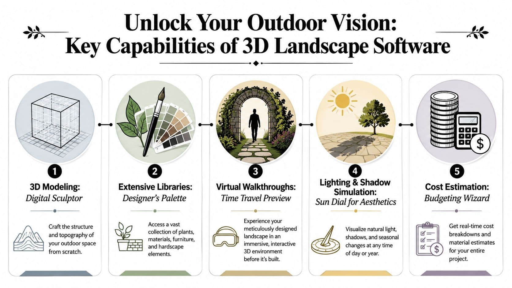 An infographic detailing five key capabilities of 3D landscape design software, including modeling, libraries, and cost estimation.