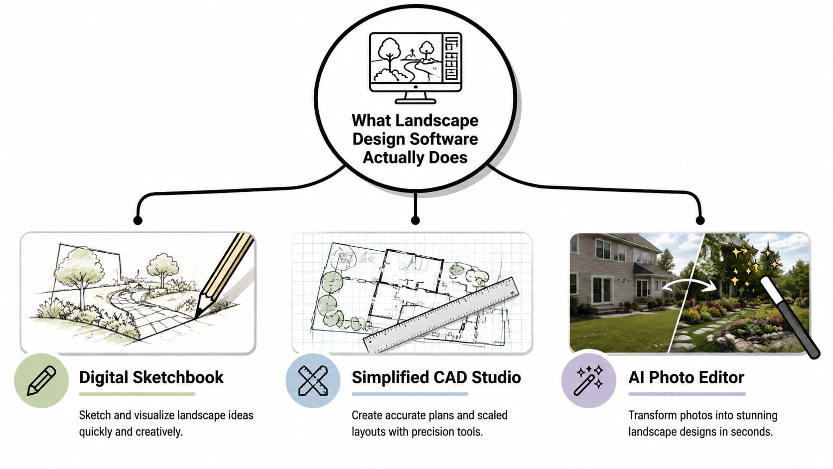 A diagram illustrating three main functions of landscape design software: digital sketching, CAD planning, and AI photo editing.