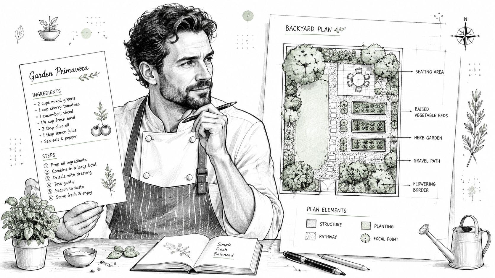 A chef sketches a garden plan next to a fresh salad recipe in a creative kitchen setting.