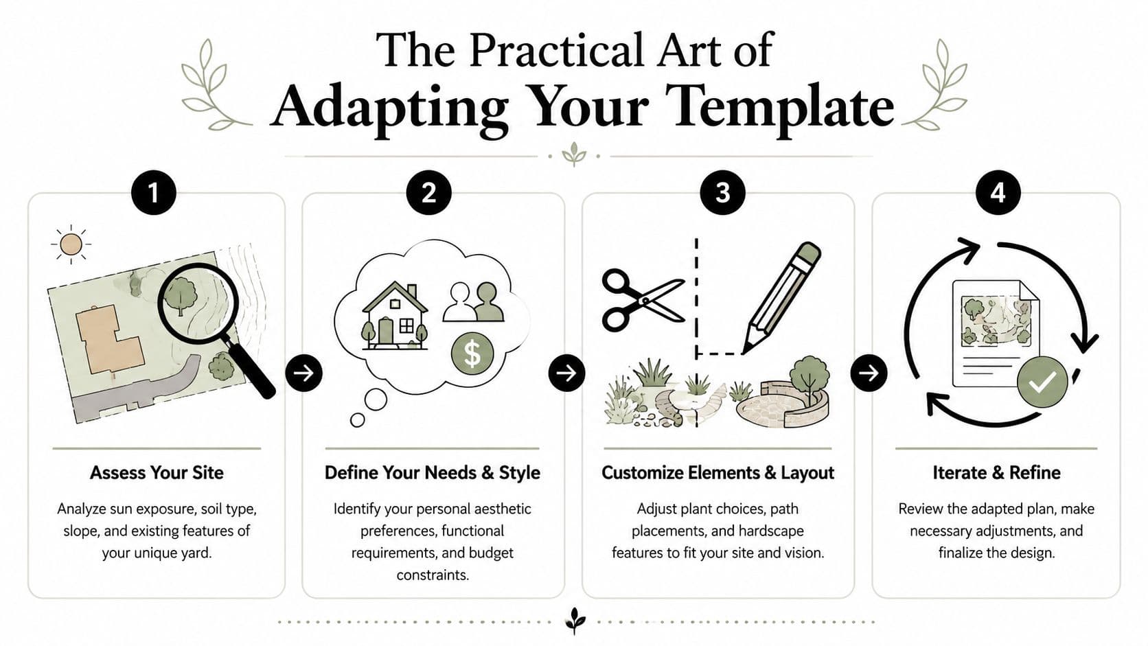A four-step infographic illustrating the practical process of adapting landscape design templates for a residential garden project.