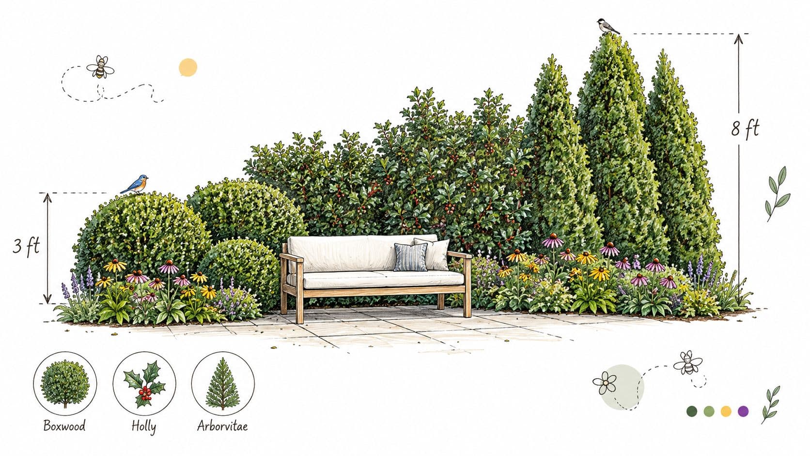 A garden landscape design featuring a bench surrounded by boxwood, holly shrubs, and tall arborvitae trees.