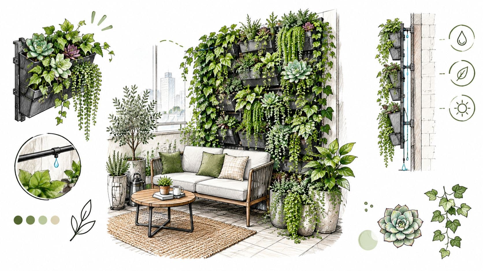 An illustrated concept of a vertical balcony garden with a seating area and automatic watering system.