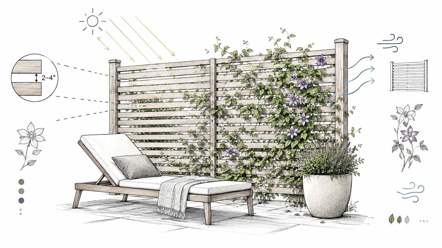 A modern slatted wooden privacy fence panel in a backyard with a lounge chair and climbing flowers.