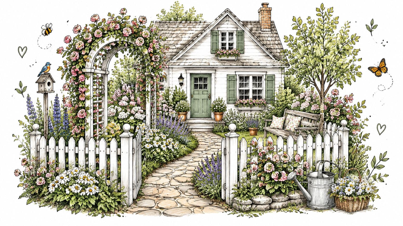A picturesque white cottage with a charming garden, blooming roses, a stone path, and a picket fence.