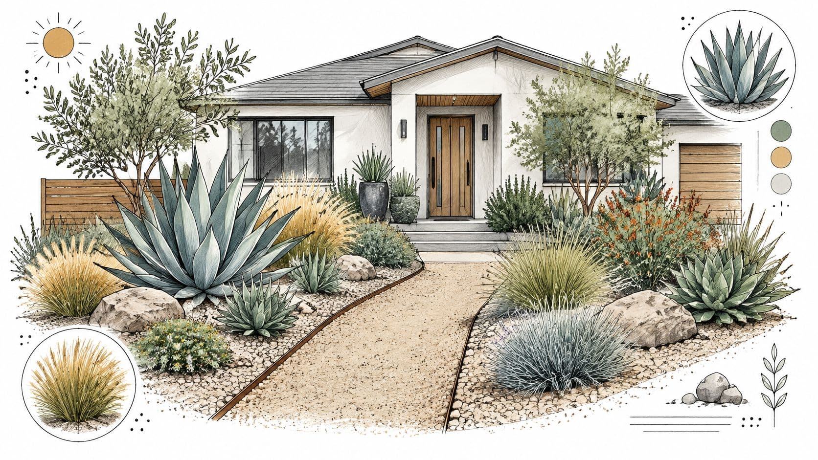 A professional digital sketch of a modern house exterior with drought-tolerant desert landscaping and native succulents.