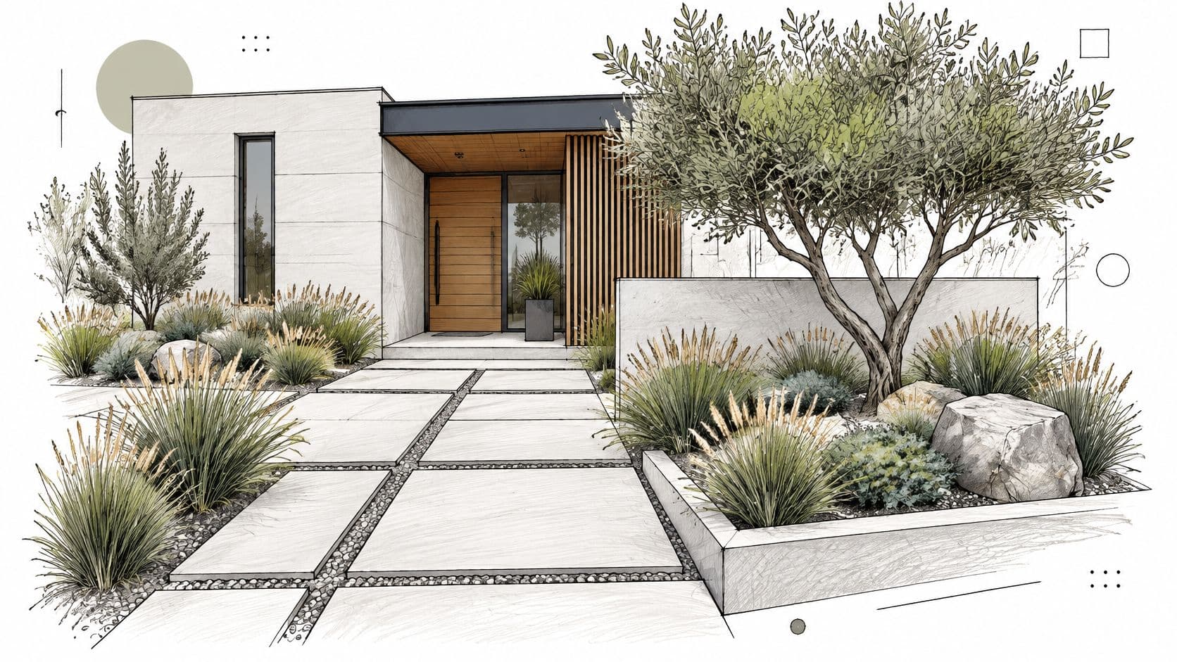 A modern minimalist house exterior with geometric stone pavers, an olive tree, and ornamental grasses in landscaping.