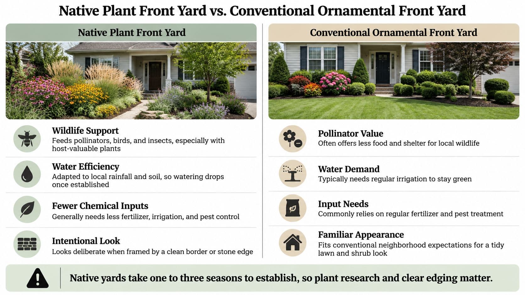 A comparison infographic between a native plant front yard and a conventional ornamental front yard landscape.