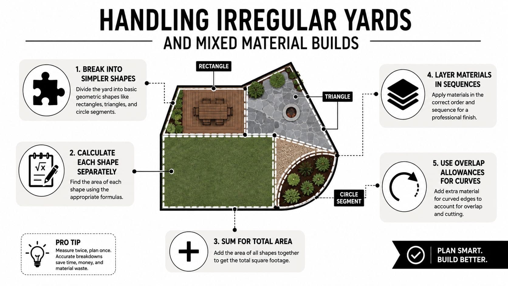 An infographic illustrating five steps for measuring and calculating materials for irregular landscape design projects.