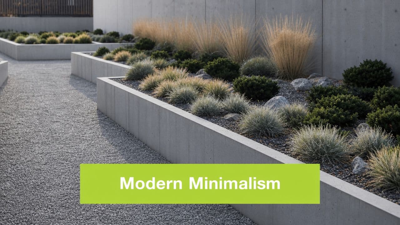 A modern minimalist landscape design featuring concrete planters filled with ornamental grasses and small green bushes.