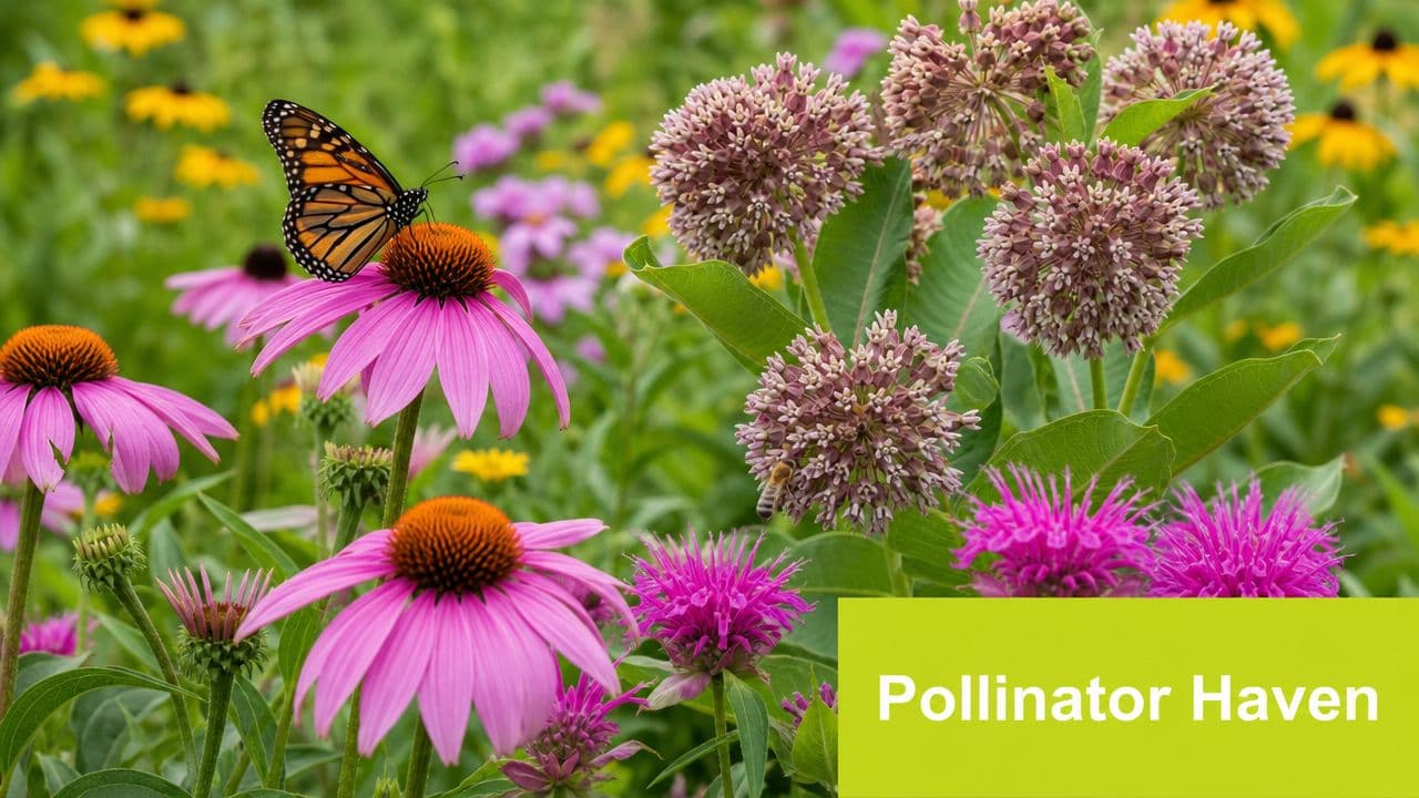 A monarch butterfly rests on a purple coneflower in a vibrant, pollinator-friendly garden filled with various flowers.